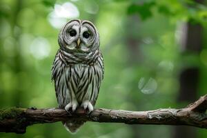 barred owl on a tree branch background photo