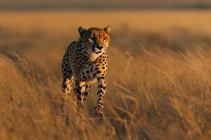 a cheetah running through tall grass in the wild background photo