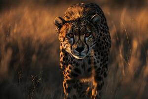 a cheetah is walking through tall grass background photo
