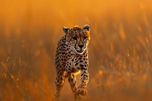 a cheetah running through tall grass at sunset background photo