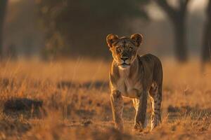 a lion is walking through the grass in the morning background photo