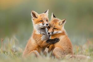 two fox cubs hugging each other in the grass background photo