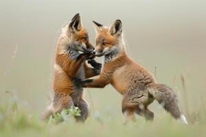 two fox cubs playing in the grass background photo