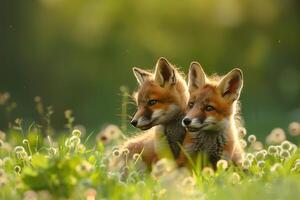 two foxes sitting in the grass with dandelions background photo