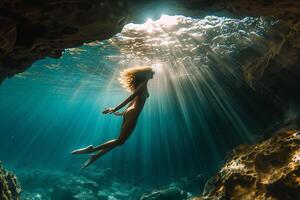 A Woman Swimming in the Ocean Under a Cave Background photo