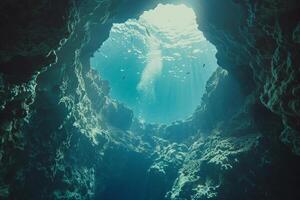 A Cave with Sunlight Coming Through the Water Background photo