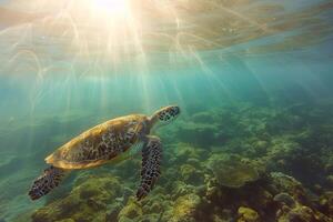 A Turtle Swimming in the Ocean with Sunlight Shining Through Background photo