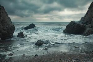 A Rocky Beach with Waves Crashing Against the Shore Background photo