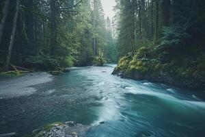 A River Runs Through a Forest in the Background of the Day photo