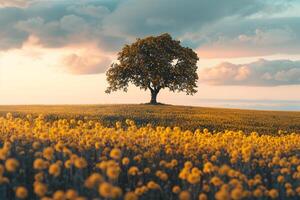 A Lone Tree Stands in a Field of Yellow Flowers Background photo