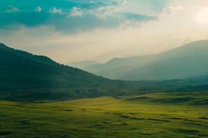A Cow is Standing in a Field with Mountains in the Background photo