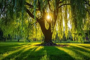 A Tree with Green Leaves and Sunlight Shining Through It Background photo
