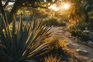 A Path Through a Garden with a Cactus and Rocks Background photo
