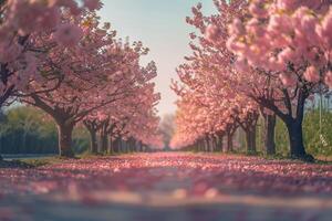 a path lined with pink cherry trees in the middle of a field background photo