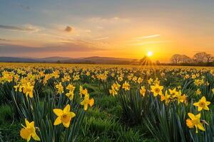 daffodils in bloom at sunset background photo
