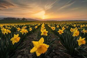 a field of daffodils at sunset background photo