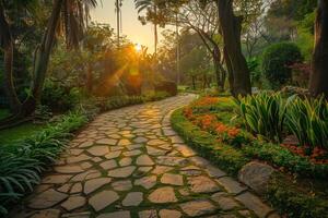 a stone path leads to a garden with flowers and trees background photo