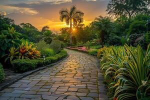 a stone pathway leads to a garden with palm trees background photo