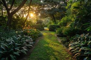 a pathway through a lush green garden with trees and plants background photo