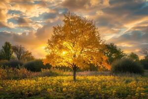 a tree in the middle of a field with yellow leaves background photo