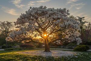 a tree with white flowers in the middle of a field background photo