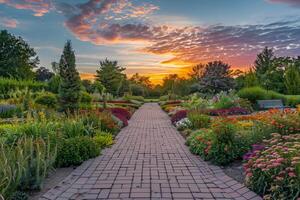 a pathway leading to a garden with colorful flowers background photo