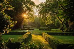 a garden with trees and grass background photo
