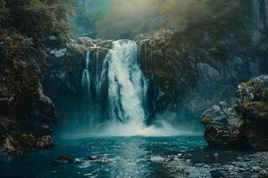 a waterfall in the middle of a forest background photo