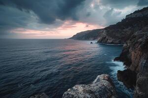 a view of the ocean and cliffs at sunset background photo
