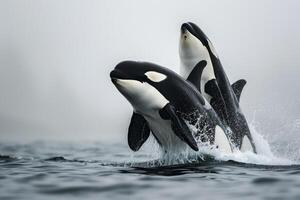 Two killer whales jumping out of the water with background photo