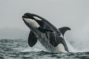 An orca whale jumping out of the water with background photo