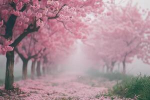 A path lined with pink trees in the fog with background photo