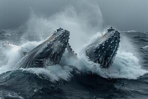 Two humpback whales splashing in the ocean with background photo