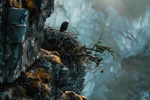 A bald eagle perched on a cliff overlooking a river with background photo