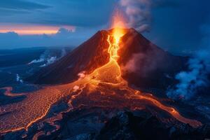 A Volcano Seen with Lava Flowing Out of It with a Dramatic Background photo