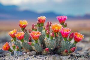 A Cactus Plant with Bright Pink Flowers in the Desert with a Scenic Background photo