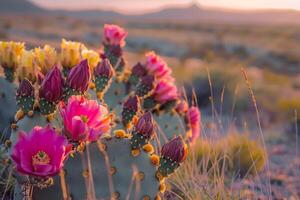 Prickly Pear Cactus Blooming in the Desert at Sunset with a Scenic Background photo