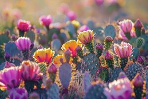 Prickly Pear Cactus Blooming in the Desert with a Scenic Background photo