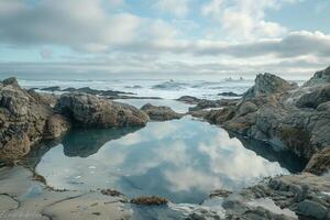 A Small Pool of Water Surrounded by Rocks with a Scenic Background photo