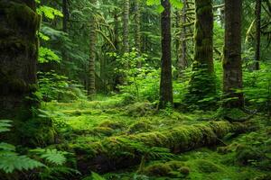 A Forest with Green Trees and Mossy Ground with a Scenic Background photo