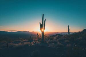 A Saguaro Cactus Stands in the Desert at Sunset with a Scenic Background photo