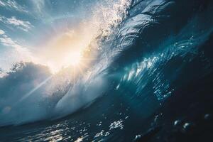A Wave Breaking on the Ocean with the Sun Shining Through with a Scenic Background photo