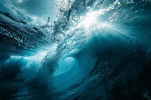 A Wave Breaking in the Ocean with Sunlight Coming Through with a Scenic Background photo