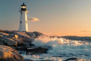 A Lighthouse Sits on the Rocks at Sunset with a Scenic Background photo