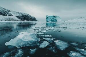 Icebergs Floating in the Water Near a Mountain with a Scenic Background photo