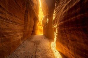 A Narrow Canyon with Sunlight Shining Through in the Background photo