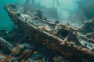 An Underwater View of a Shipwreck with Background photo