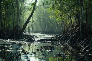 A Swamp with Trees and Water in the Middle Background photo