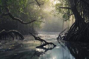 A Mangrove Forest with Trees and Water Background photo
