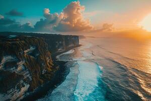 sunset over the ocean and cliffs in Bali background photo